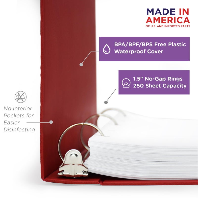 Carstens 1.5-Inch Heavy Duty 3-Ring Binder - Side Opening, Brick Red, Durable Plastic, Precision No-Gap Rings, Waterproof Cover, No Pockets, Holds 250 Letter Sheets, BPA-Free, Made in USA (2049-3R) - Image 2